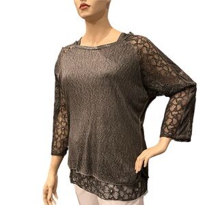 Flora Ashley Tunic & Tank Sz XL Chocolate Brown, Lace Roll-Tab Sleeves & Hem NWT